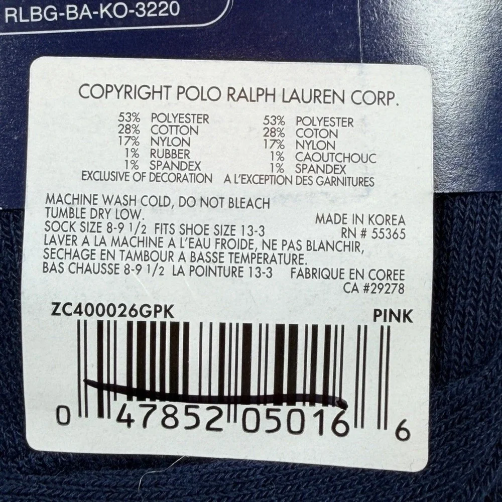 Ralph Lauren Girls 2 Pack Crew Socks Navy Pink Striped Size 8-9.5 Shoe 13-3 NEW